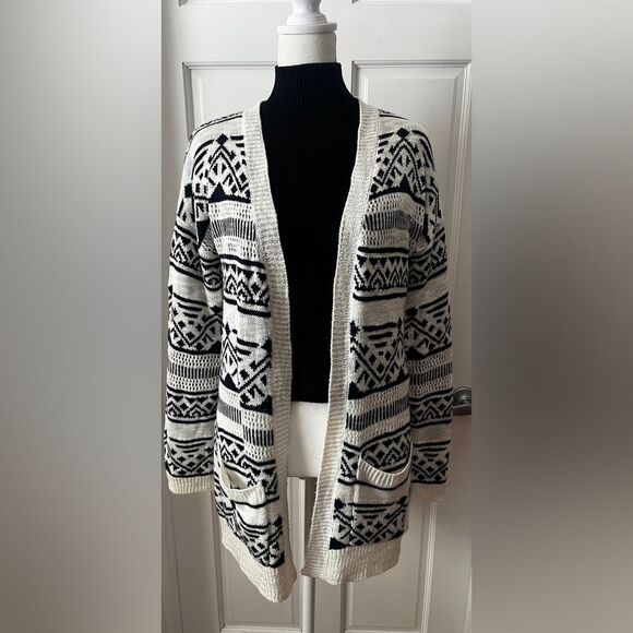 Pink Rose L open front cotton blend navy blue cream aztec longline cardigan - Picture 1 of 8